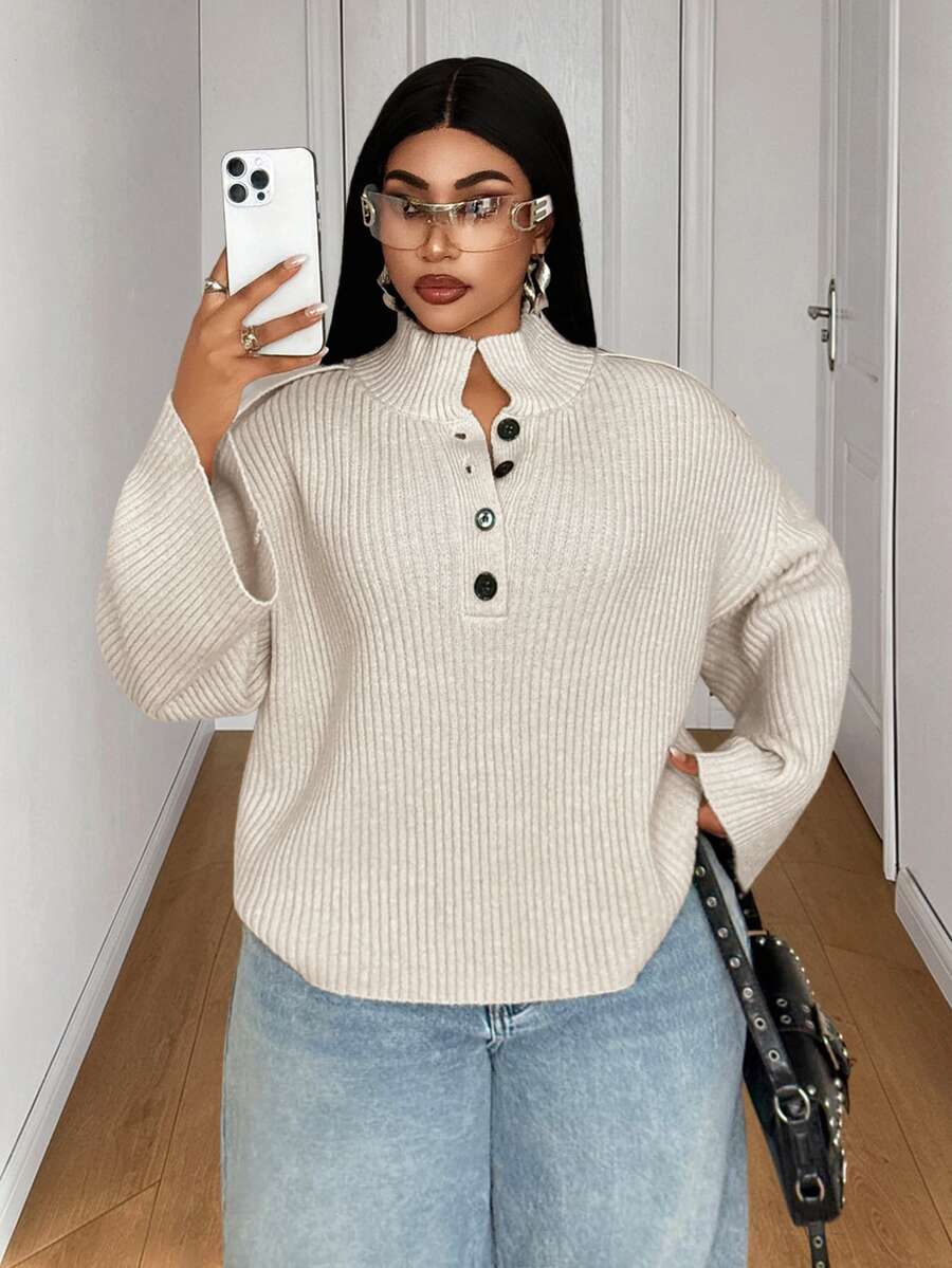 Maweii كنزة صوفية نسائية بمقاس كبير بياقة متوسطة وأكمام واسعة وأزرار بتصميم تنحيفي عصري - أبيض - مشاهدة 1