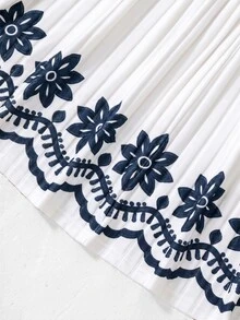 SHEIN Tween Girl 2pcs Solid Brown And Cream Flared Dress, Elegant Contrast Ribbed Top Embroidery Princess Dresses For Thanksgiving Fall Wear - Navy Blue - View 4