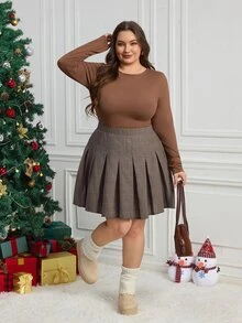 SHEIN CURVE+ Autumn/Winter New Retro Color Cotton-Feel Plaid Woven Anti-Exposure Shorts Pleated Mini Skirt Plus Size - Brown - View 7