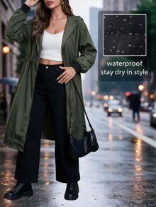 Easura Plus Size Cinched Waist Zipper Pocket Hooded Jacket - Army Green - View 8