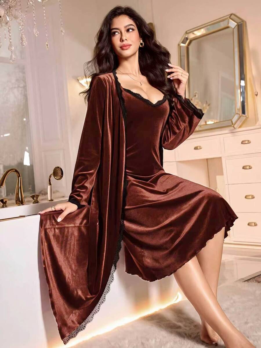 LuxeNights Women's Velvet Lace Patchwork Elegant Camisole Dress And Robe Set, Autumn/Winter Night Dress Pajama Velvet Dress For Women - Brown - View 1
