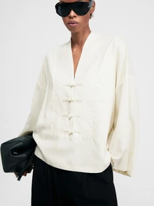 ATUI Studio Women's Solid Color V-Neck Frog Button Casual Loose Fashion Long Sleeve Shirt - Beige - View 5