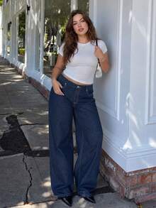 Dazy Plus Blogger Style Casual Wide Leg Long Denim Jeans All Season - Dark Wash - View 1