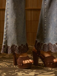 MOTF STUDIO WOMEN'S AUTUMN/WINTER VINTAGE WASHED BOHEMIAN EMBROIDERED HEM DENIM LONG PANTS - Medium Wash - View 1