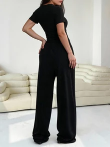 SHEIN EZwear 2件組大尺碼女款灰色刺繡Logo休閒套裝，Sommar健身寬腿運動長褲居家套裝，春夏俱樂部健身沙灘度假兩件式 - 黑色 - 查看 2