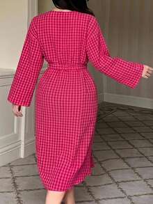 Dazy Plus Rose Red Contrast Lace Plaid Loose Tie Elegant Nightgown - Hot Pink - View 5