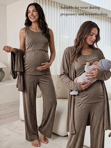 Slowluna 孕婦純色背心、長褲、夾克哺乳套裝 秋季 - 咖啡棕 - 查看 4