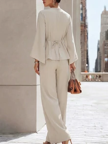 Penseblé European & American Luxury Elegant Solid Color Flutter Sleeve 2 Pieces Set, Exquisite Decorative Twist Knot Ruched Top And High-Waist Elastic Ruched Wide-Leg Long Pants, Silver Hair Grandmother Outfit, Suitable For Wedding, Party, Holiday, Graduation - Beige - View 2