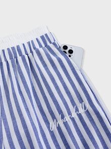 SWAVVY Quần nam ống đứng eo phối patchwork kẻ sọc, dáng rộng, thời trang dệt kiểu casual - Màu xanh lam - Xem 6