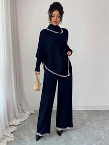 SHEIN Elenzya 女款秋冬長款披風、寬鬆拼接色毛衣與寬腿褲 2 件套 - 寶藍色 - 查看 4