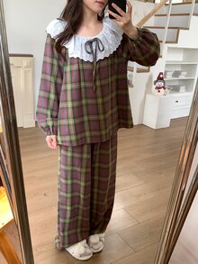 DAZY Autumn Winter Christmas Sweet Plaid Contrast Color Embroidered Lace Collar Lantern Sleeve Loose Women's Pajama Set - Red - View 5