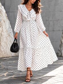Pariaura Women's Polka Dot Long Sleeve Dress - White - View 1