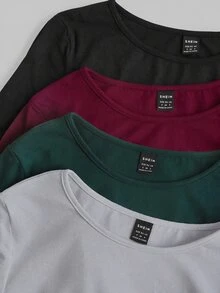 SHEIN EZwear 黑色卡其色深棕色白色針織女款圓領長袖抓褶緊身T恤 日常秋季極簡基礎簡約 - 彩色 - 查看 7