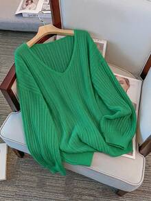 GlowEve CURVE 大尺碼優雅休閒V領落肩長袖套頭毛衣 秋冬居家晚裝棕色 - 綠色 - 查看 1
