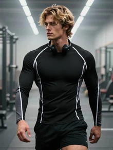 GymBeat Men's Black & Gray Colorblock High Neck Muscle Fit Long Sleeve T-Shirt For Gym, Running, Workout And Sports - Black - View 4