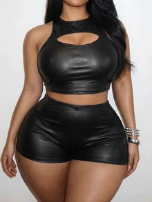 SHEIN CURVE+ Plus Size Sheer Lace Patchwork PU Black Ultra Short Shorts, Holiday Party, Christmas - Black - View 2