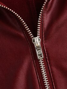 SHEIN EZwear 女款黑色彈性PU皮革前拉鍊連身褲 - 酒紅色 - 查看 5