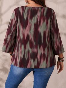 Rosumi Plus Size Women's Autumn/Winter Casual All-Over Print Round Neck Loose 3/4 Sleeve Blouse - Multicolor - View 2