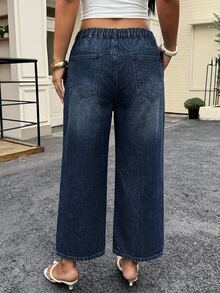 Dazy Plus Washed Blue Distressed Relaxed Straight Leg Long Jeans, Versatile Plus Size For Spring/Summer - Dark Wash - View 2