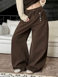 DAZY Women's Button Decor Solid Color Button Pocket Loose Fit Jeans - Brown - View 2