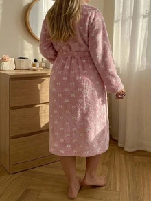 Dazy Plus Thermal Lined Thick Coral Fleece Tie-Front Loungewear Robe, Autumn/Winter New Pink - Pink - View 6