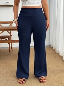 SHEIN PETITE CURVE 大尺碼女款休閒黑色高腰喇叭褲 秋季 - 藏蓝色 - 查看 5