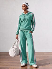 Zivah Women's Colorblock Striped Kangaroo Pocket Drawstring Hoodie With Matching Casual Pants Sports Set - Mint Green - View 5