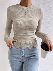 SHEIN Frenchy Kaos Lengan Panjang Wanita Kasual Musim Semi/Gugur Warna Polos Rajut Bergaris dengan Detail Renda Kontras dan Lipit, Potongan Slim Fit - Aprikot - View 3