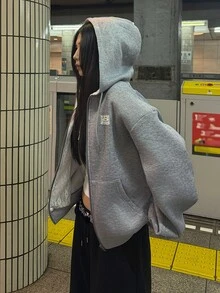 FRIFUL Women's Korean Style Denim Zipper Sweatshirt Sweatshirt - Grey - View 7