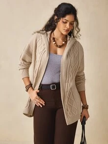 Nubod Plus Size Apricot Women's Hooded Cable Knit Long Sleeve Cardigan Sweater, Comfortable Casual - Apricot - View 5