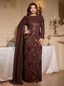 SHEIN Clasi Plus Size Women's Jacquard Fashion Long Party Dress - Brown - View 5