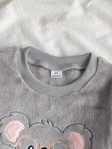 Girls' Cute Koala Embroidered Glasses Design Fleece-Lined Thermal Pajama Set, Round Neck Long Sleeve Top And All-Over Koala Print Pants, Ribbed Collar Cuffs And Hem, Soft Warm Comfortable Home Sleepwear, 2 Pieces Set, FW - Grey - View 4