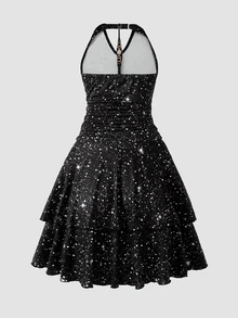 Girls' Black Starry Sky Draped Neck Dress, Cowl Neck Design With Ruched Waist, Double-Layer Ruffle Hem For Fluid Movement, Atmospheric Style, Suitable For Party And Halloween, Creating A Delicate Sweet And Cool Girl Look - Black - View 2