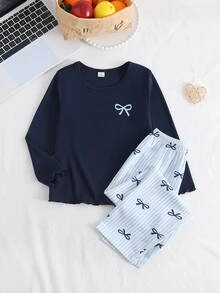 SHEIN 女童蝴蝶結字母印花粉色長袖秋冬上衣 + 蝴蝶結條紋褲 2件套睡衣，圓領短褲，2件套，柔軟舒適 - 藍色 - 查看 3