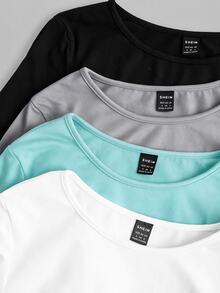 SHEIN EZwear 黑色卡其色深棕色白色針織女款圓領長袖抓皺緊身T恤 日常秋季極簡基礎簡約 - 彩色 - 查看 8