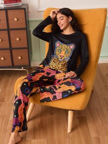 Chillnights Women's Leopard Print Round Neck Long Sleeve Top And Pants Pajama Set - Multicolor - View 2