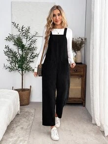 EMERY ROSE Yếm jumpsuit nhung tăm màu trơn thiết kế túi cho mùa Thu/Đông - màu đen - Xem 6