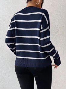 SHEIN Frenchy V領條紋落肩針織毛衣，秋冬休閒聖誕款 - 藏蓝色 - 查看 2