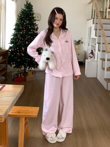 DAZY 2pcs/Set Women's Plaid Cardigan Long Sleeve Top & Straight Leg Long Pajama Pants Sleepwear Set - Pink - View 5