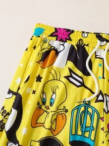 LOONEY TUNES X SHEIN Looney Tunes TWEETY 卡通角色印花 T-shirt 與全印花短褲居家休閒套裝 - 黃色 - 查看 6