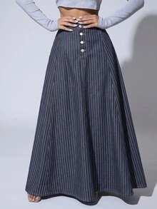 SHEIN SXY Women's High Waist Front Button Line Denim Skirt - Blue - View 3