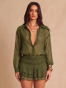 Silquee Fashionable Sexy Commute Night Out Date Night Solid Color Ruffle Mini Dress Black Autumn - Green - View 4
