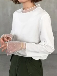 FRIFUL 素色拼接透視波點網布寬鬆休閒百搭T恤 - 白色 - 查看 4