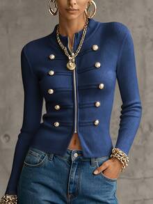 LUMIGAL Women's Fall Fashion Double-Breasted White And Gold Button Decor Ribbed Knit Cardigan Stand Collar Zip Front Slim Fit Cropped Sweater Elegant - Royal Blue - View 1