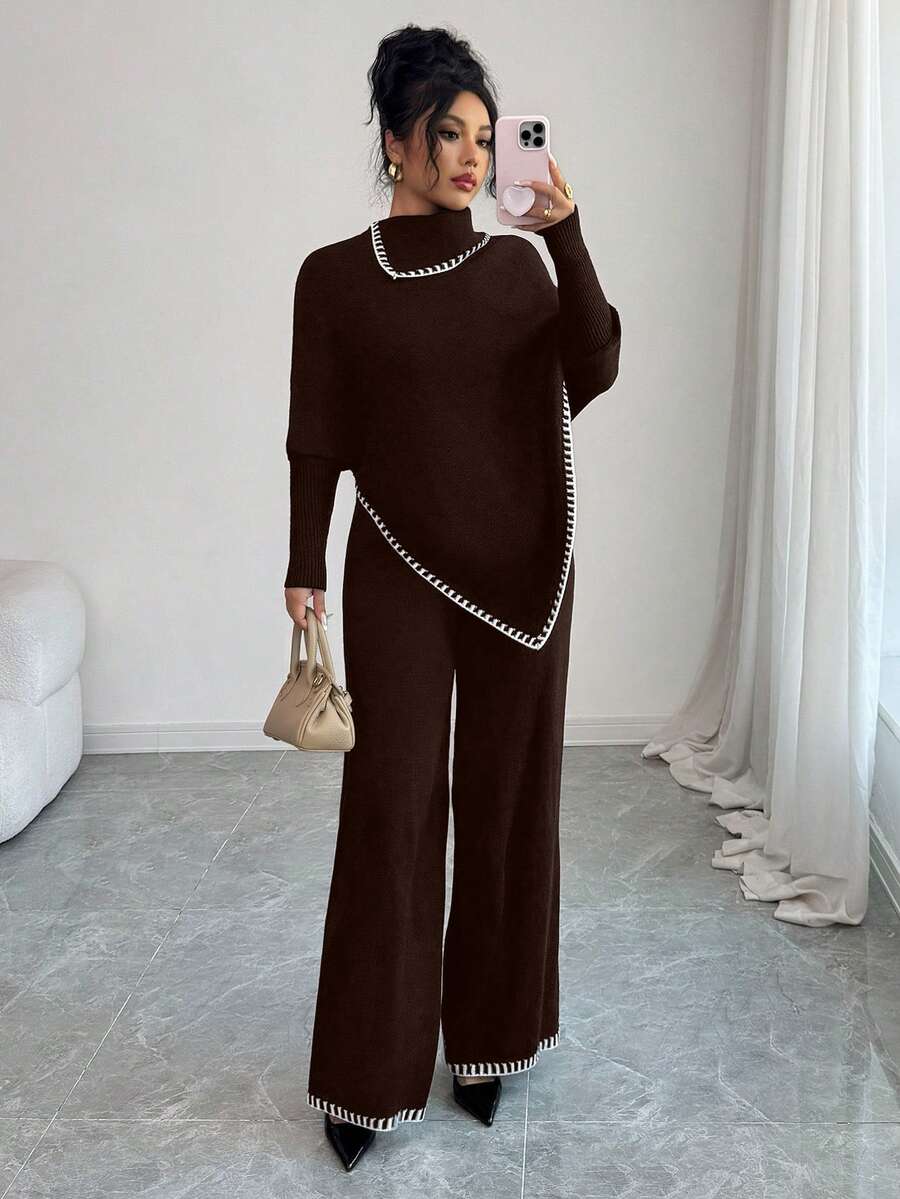 SHEIN Elenzya 女款秋冬長斗篷、寬鬆配色針織衫與寬腿褲2件套 - 棕色 - 查看 1