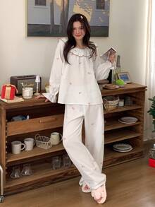 DAZY Women's Long Sleeve Top And Pants Casual Daily Home Sleepwear Set - White - View 10