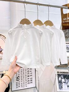 SHEIN 3件組 4-7歲女童街頭風荷葉領珠地布長袖百搭時尚打底上衣，適合學校、戶外玩耍、度假旅行，秋冬款 - 白色 - 查看 2