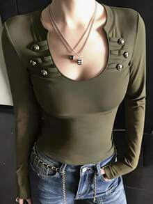 DAZY Women's Army Green U-Neck Metal Button Decor Fitted Elastic Short Long Sleeve Base Layer T-Shirt - Olive Green - View 1