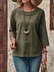 EMERY ROSE Ladies' Simple Solid Color Long Sleeve Linen Casual Shirt,Long Sleeve Tops - Army Green - View 8