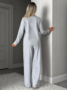 SHEIN Women Binding Detail Long Sleeved & Long Bottom Homewear Pajama Set - Grey - View 2